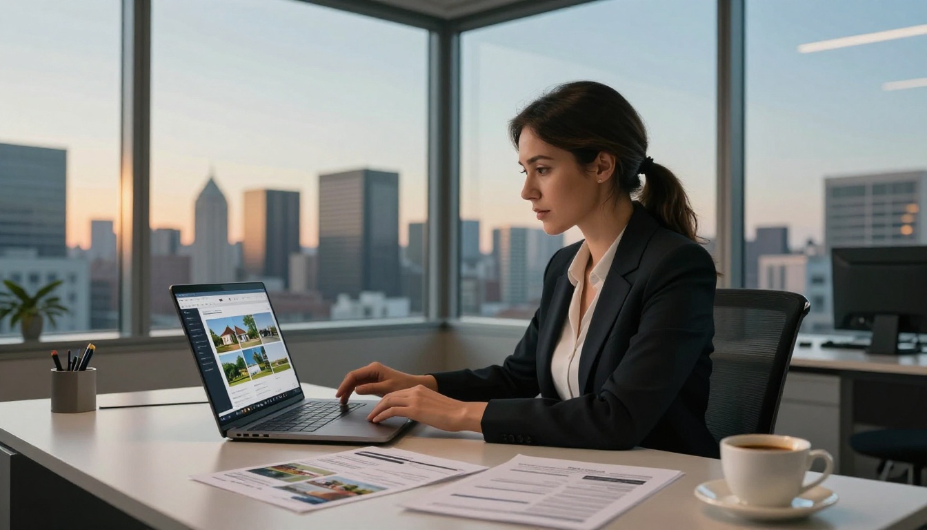 Female real estate agent designing flipbook on laptop at city-view office desk at golden hour