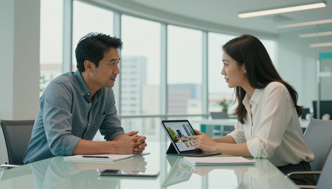 Two professional real estate agents reviewing digital open house flipbook on iPad at glass conference table