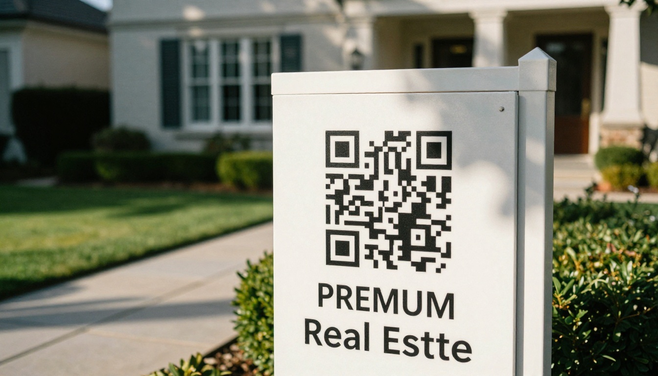 Premium real estate for sale sign featuring QR code in front of luxury home with manicured garden