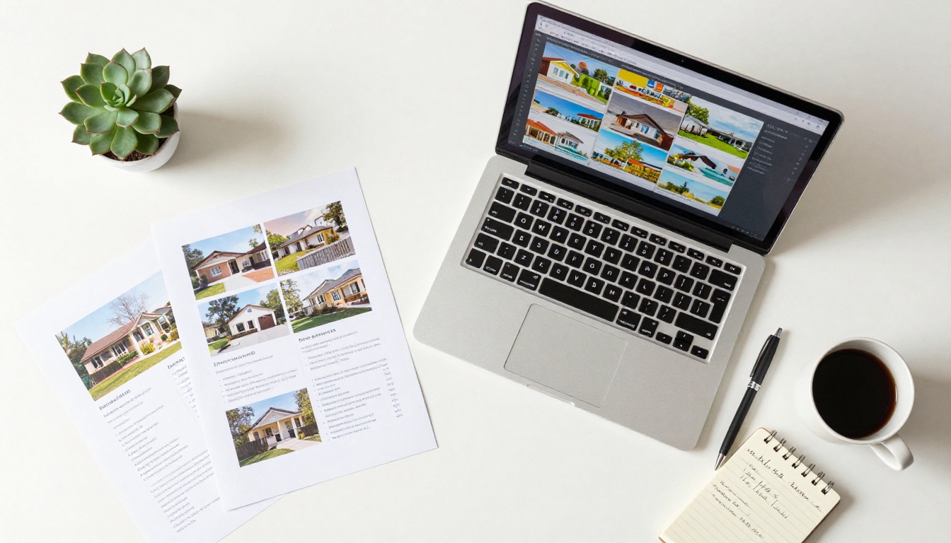 Overhead flat lay of real estate agent's desk with MacBook showing flipbook editor, printed listings, coffee mug, pen and notepad