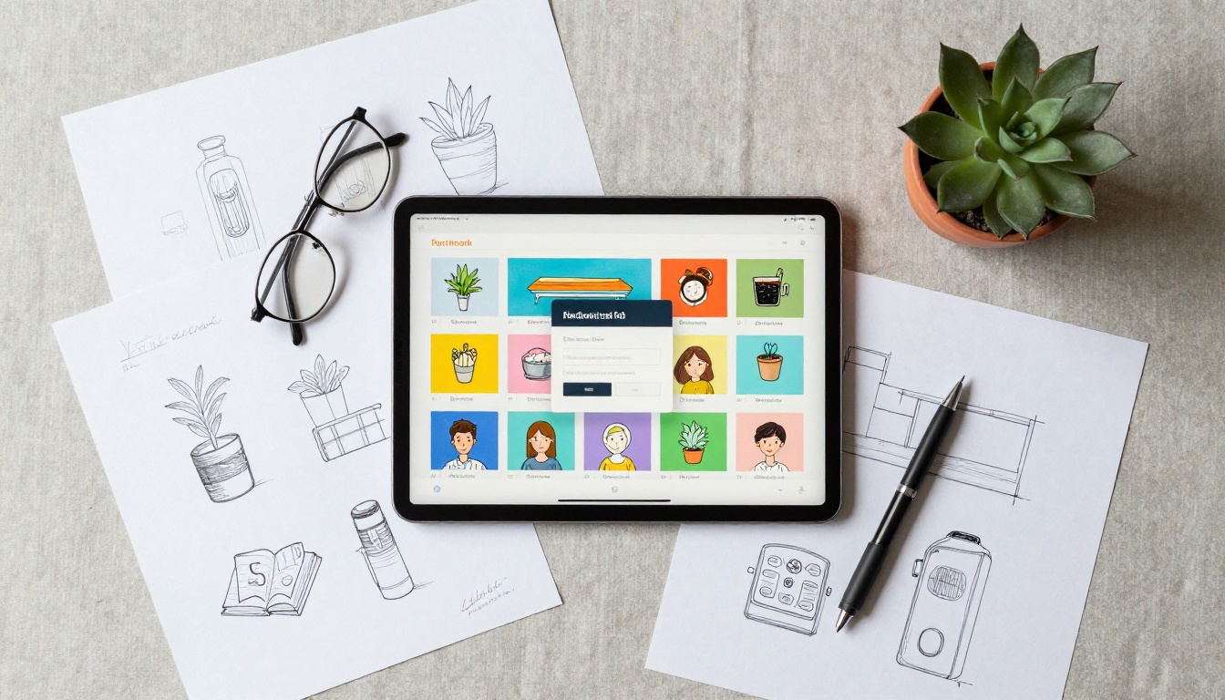Flat-lay workspace with tablet displaying a flipbook and sign-up form popup