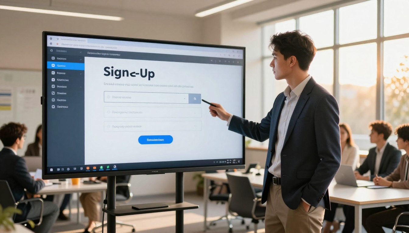 Marketing professional presenting sign-up form setup on a conference screen