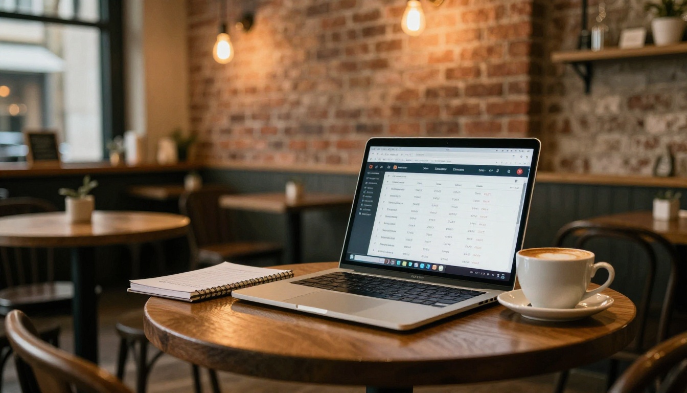 Small business owner reviewing email subscriber growth on a laptop at a cafe