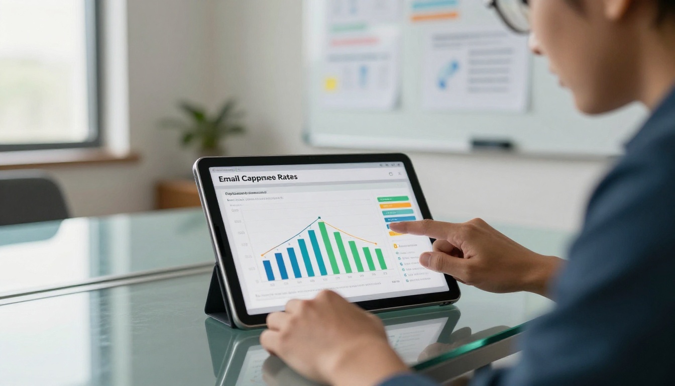 Two professionals reviewing flipbook analytics and lead capture statistics on a tablet