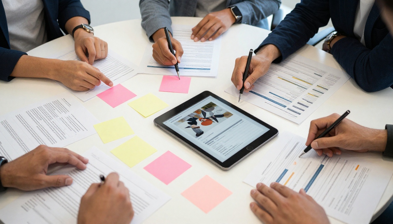 Marketing team analyzing lead form data and campaign results around a planning table