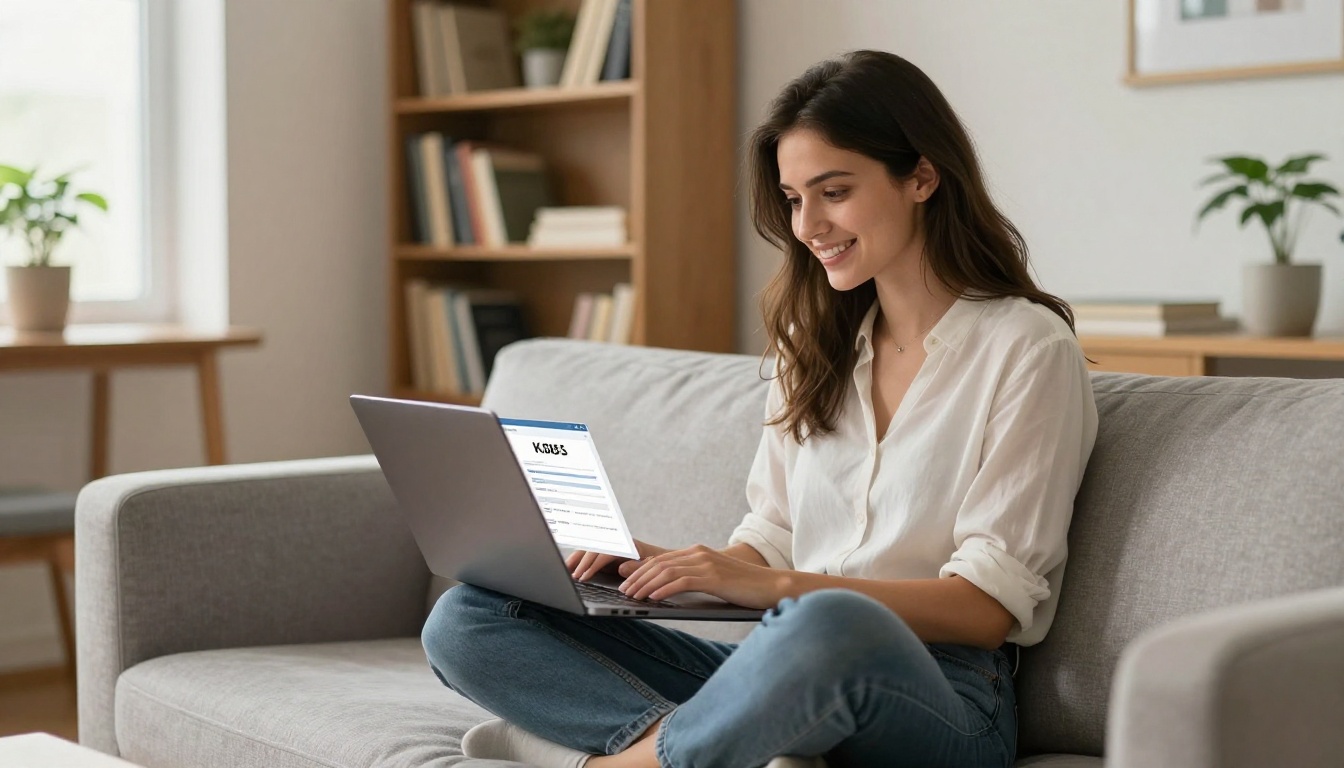 Woman smiling at a completed sign-up confirmation on her laptop while sitting on a couch