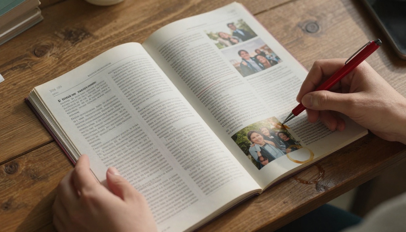 Printed family newsletter with coffee stains and red pen marks on a wooden desk