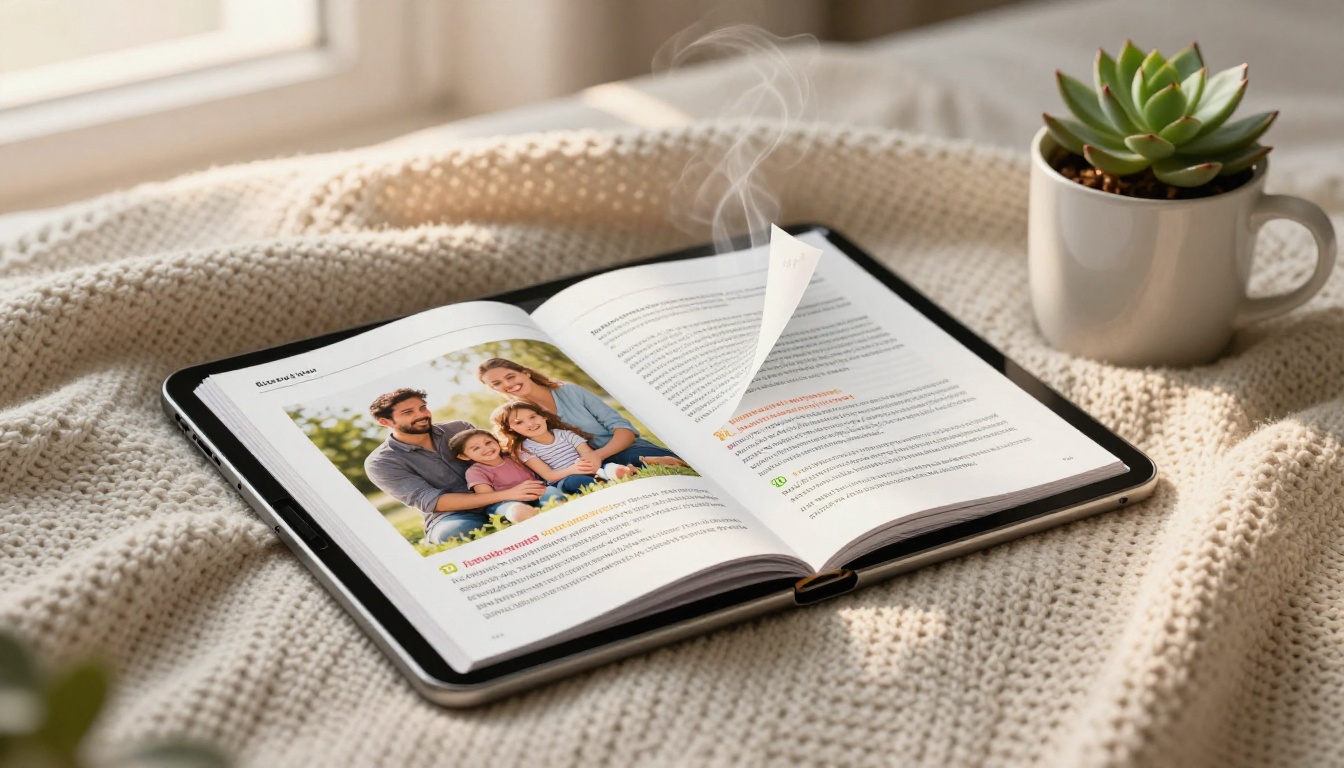 Tablet on cozy blanket showing digital flipbook with page-turn effect mid-animation