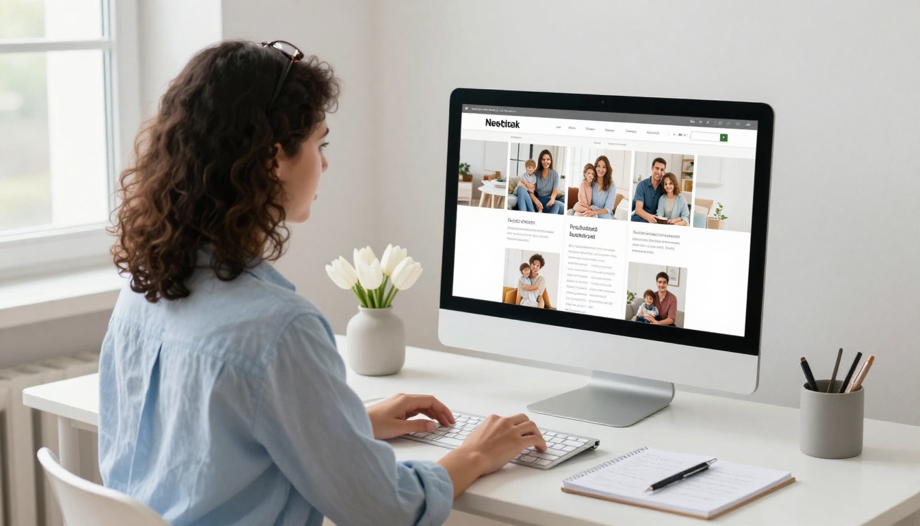 Young woman designing digital family newsletter layout on iMac in bright Scandinavian home office