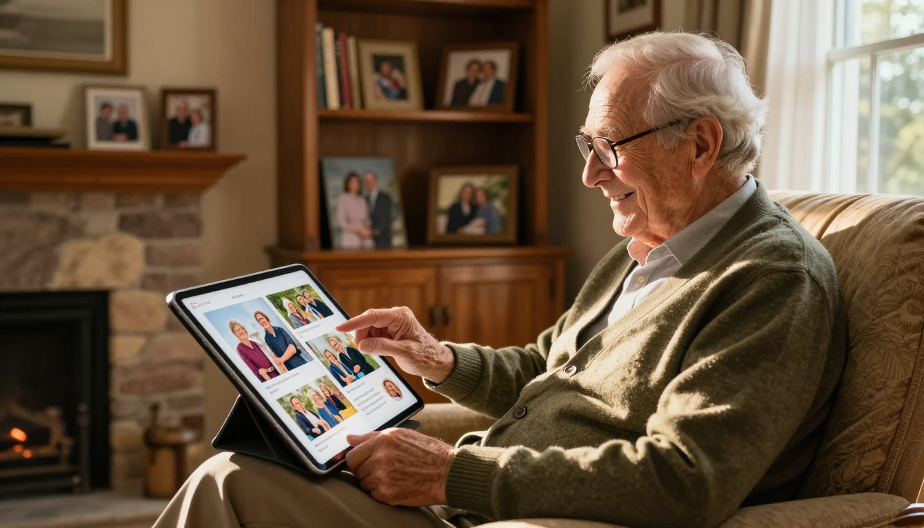 Elderly grandfather reading family flipbook on iPad by a sunlit window in a warm living room