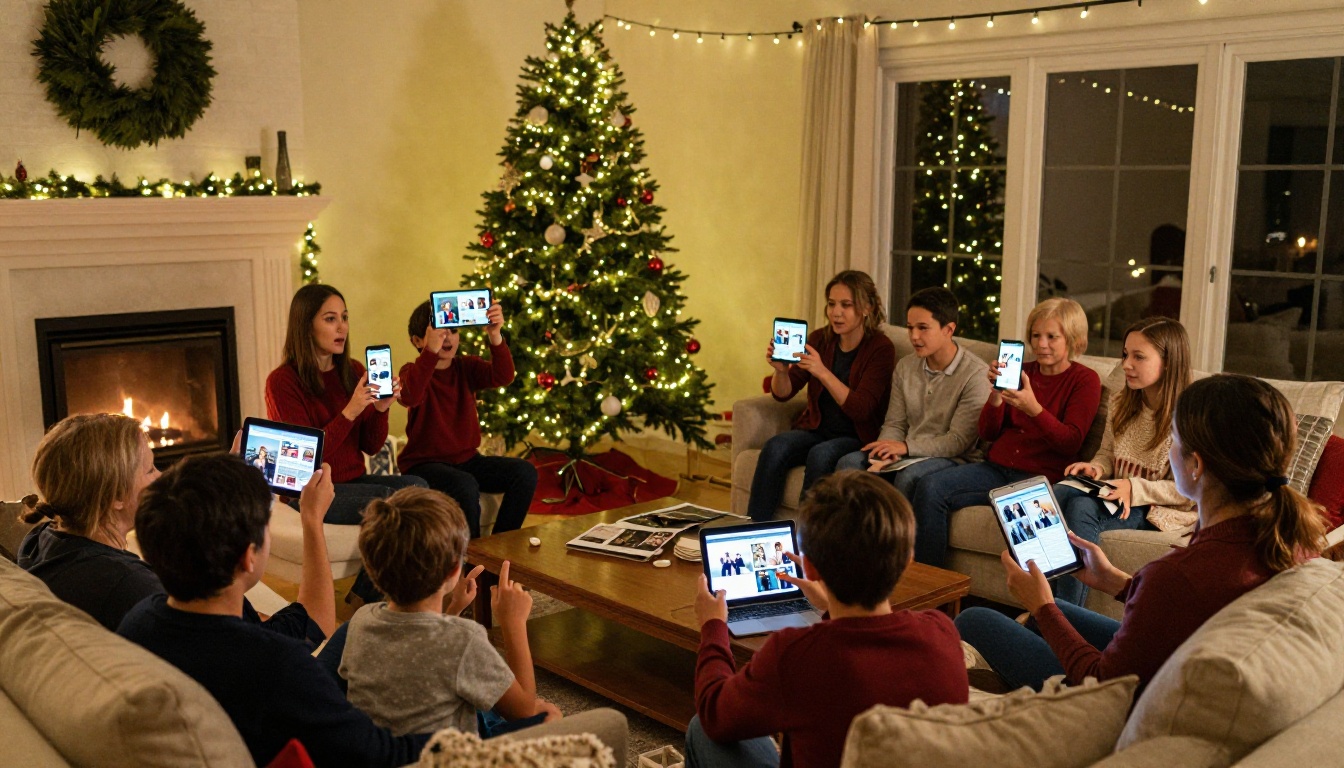 Family Christmas gathering in warmly lit living room, multiple members looking at digital flipbooks on phones and tablets