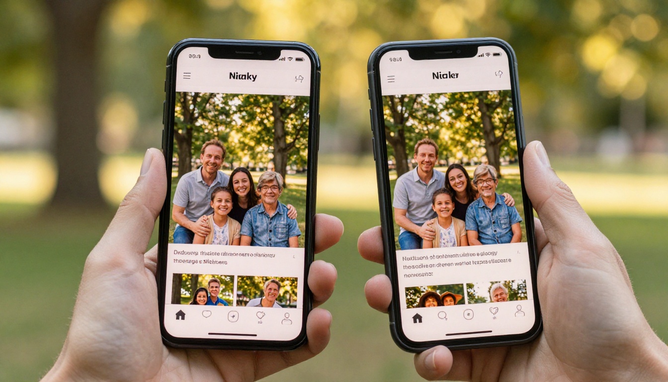Two hands holding smartphones side by side showing the same family flipbook newsletter page in a sunny park Two hands holding smartphones side by side showing the same family flipbook newsletter page in a sunny park