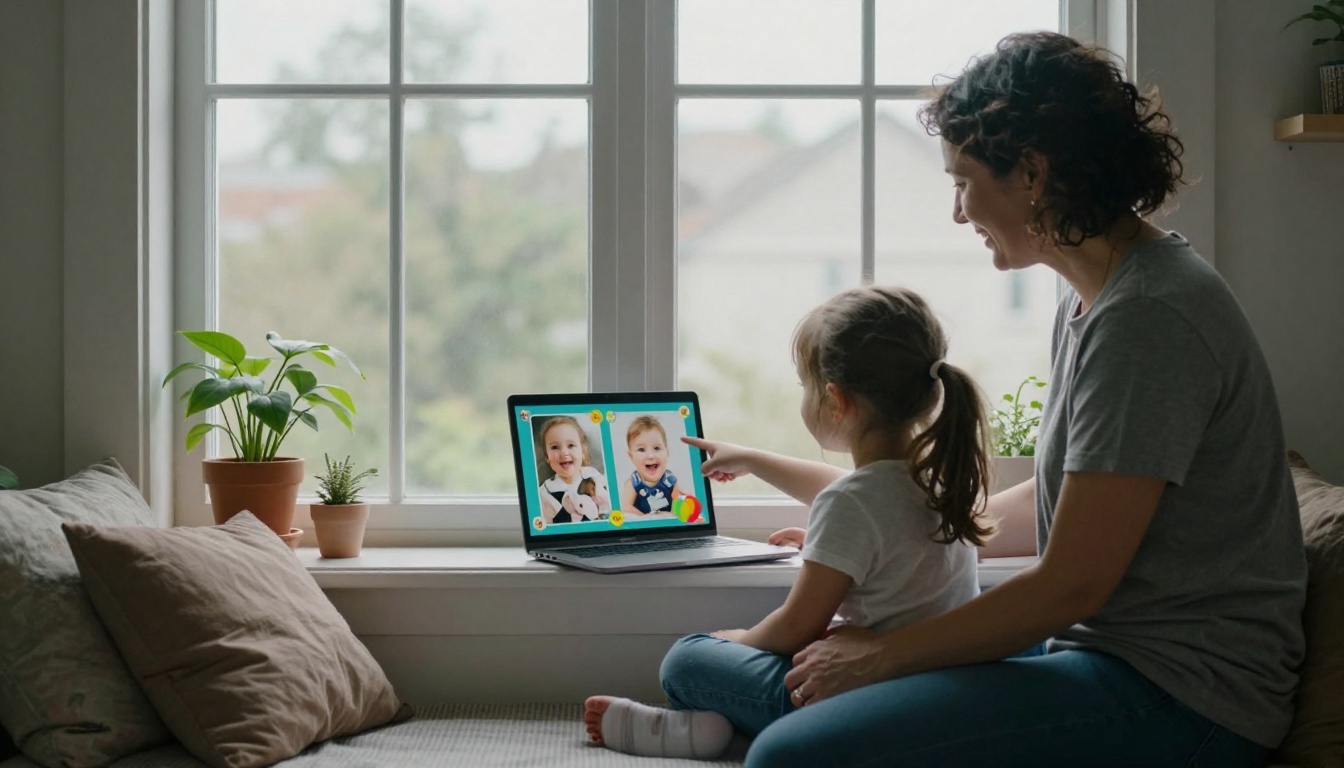 Mother and young daughter on a window bench looking at a laptop showing a colorful digital flipbook with baby photos Mother and young daughter on a window bench looking at a laptop showing a colorful digital flipbook with baby photos