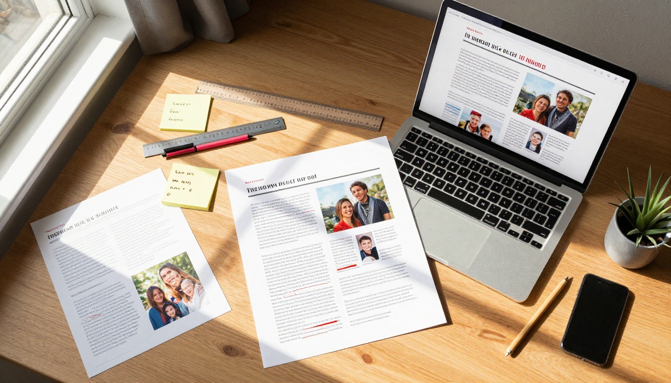 Flat lay overhead shot of printed newsletter with red edits beside a laptop showing polished digital flipbook version Flat lay overhead shot of printed newsletter with red edits beside a laptop showing polished digital flipbook version
