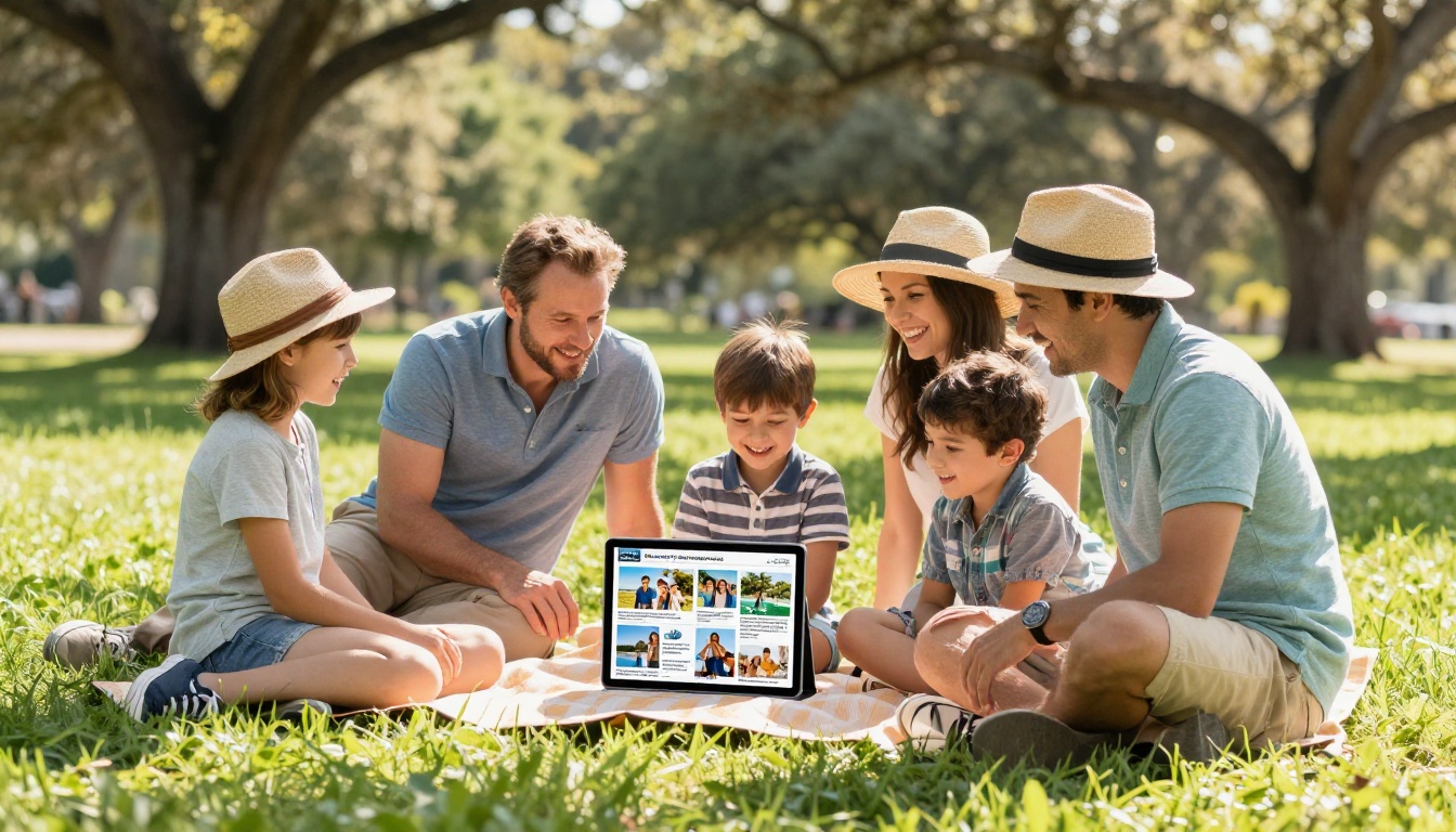 Diverse family of four on a picnic blanket in a sunny park gathered around a tablet showing a family reunion flipbook Diverse family of four on a picnic blanket in a sunny park gathered around a tablet showing a family reunion flipbook