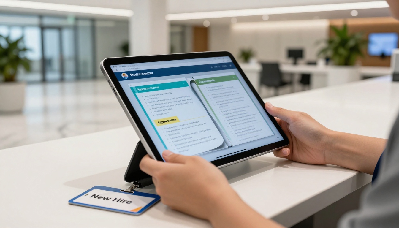 New hire reviewing interactive onboarding flipbook on first day at office desk
