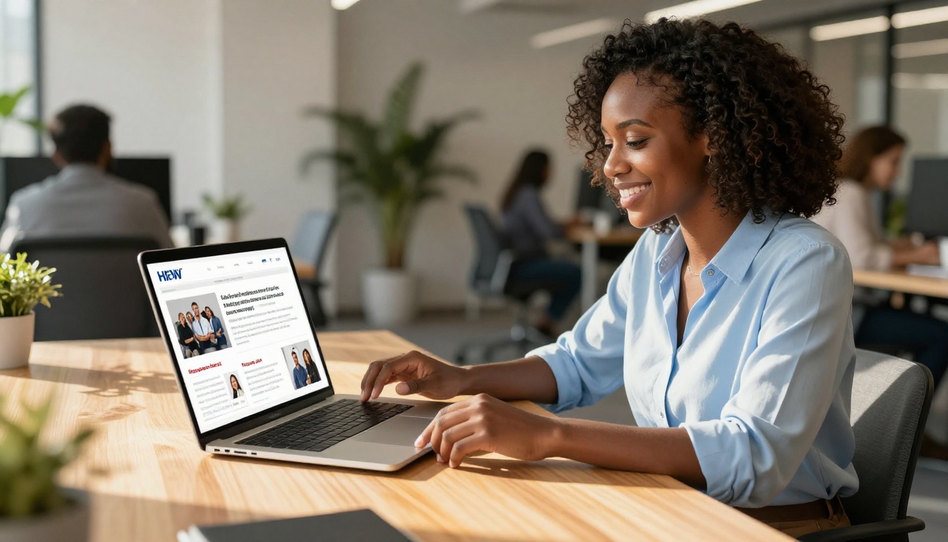 New hire smiling while engaging with interactive digital onboarding materials on a laptop