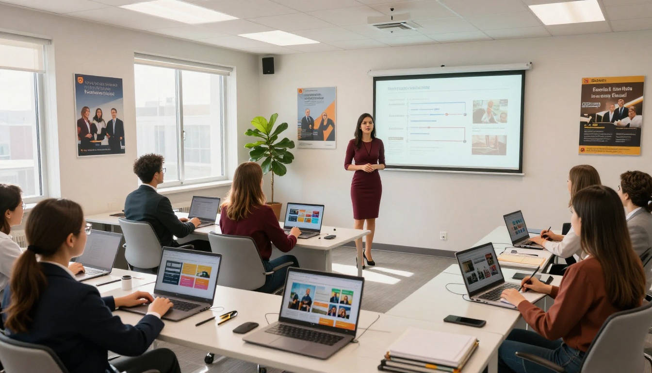 Corporate training room with new employees viewing onboarding flipbooks on laptops