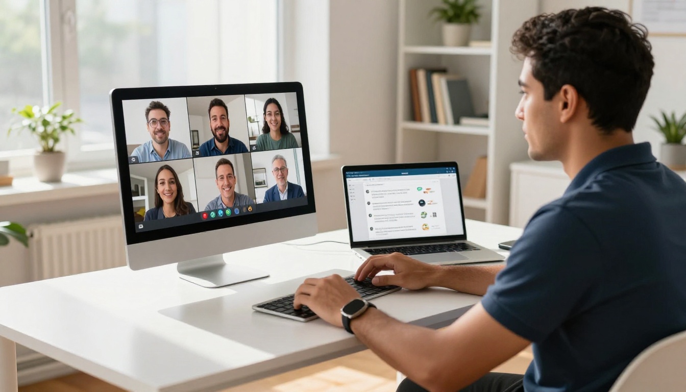 Remote employee completing virtual onboarding from a bright home office
