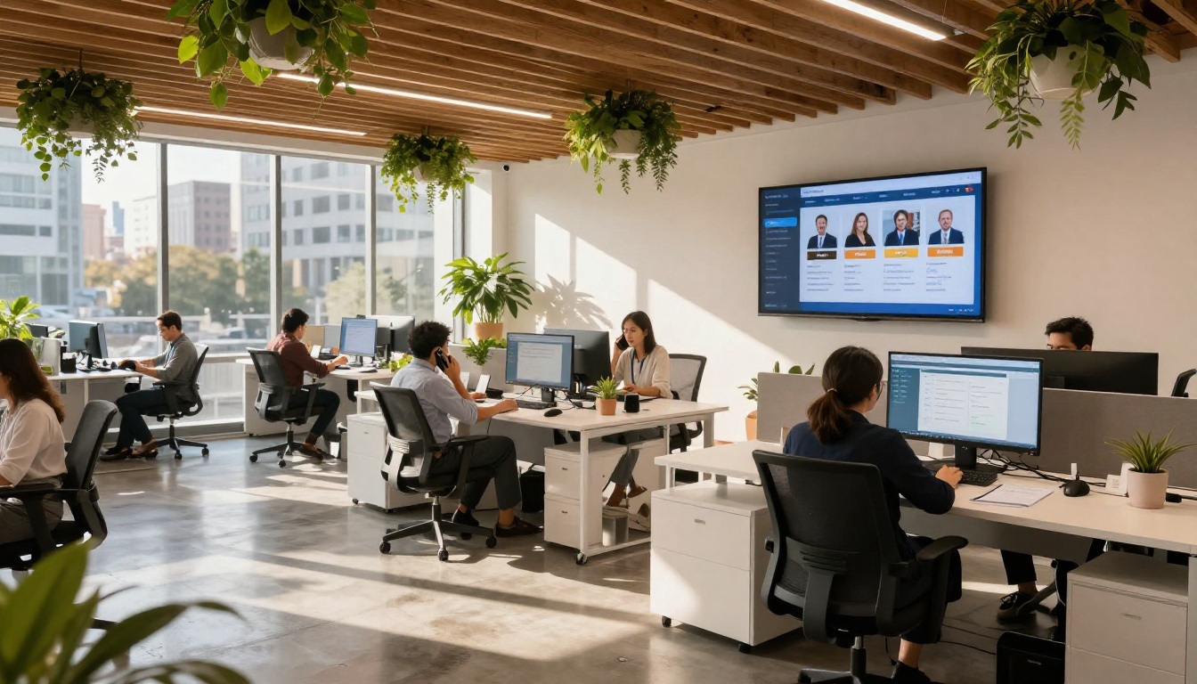 Modern HR department workspace with onboarding dashboards and collaborative team area