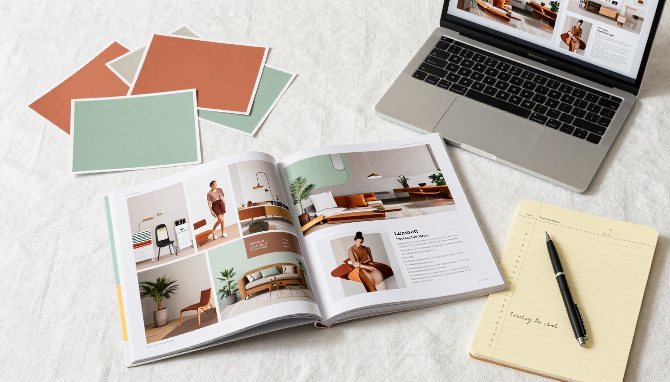 Flat-lay of product launch planning materials with laptop