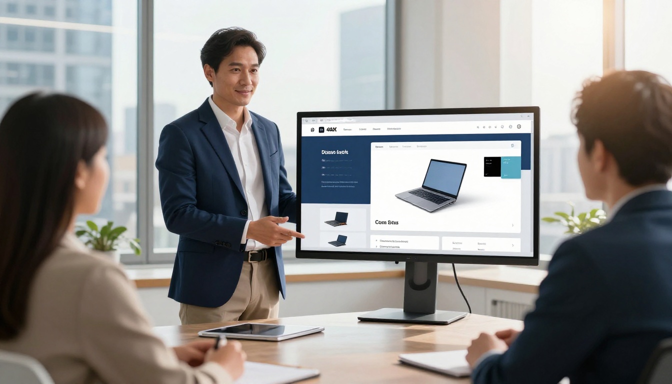 Marketing team presenting digital flipbook on large monitor