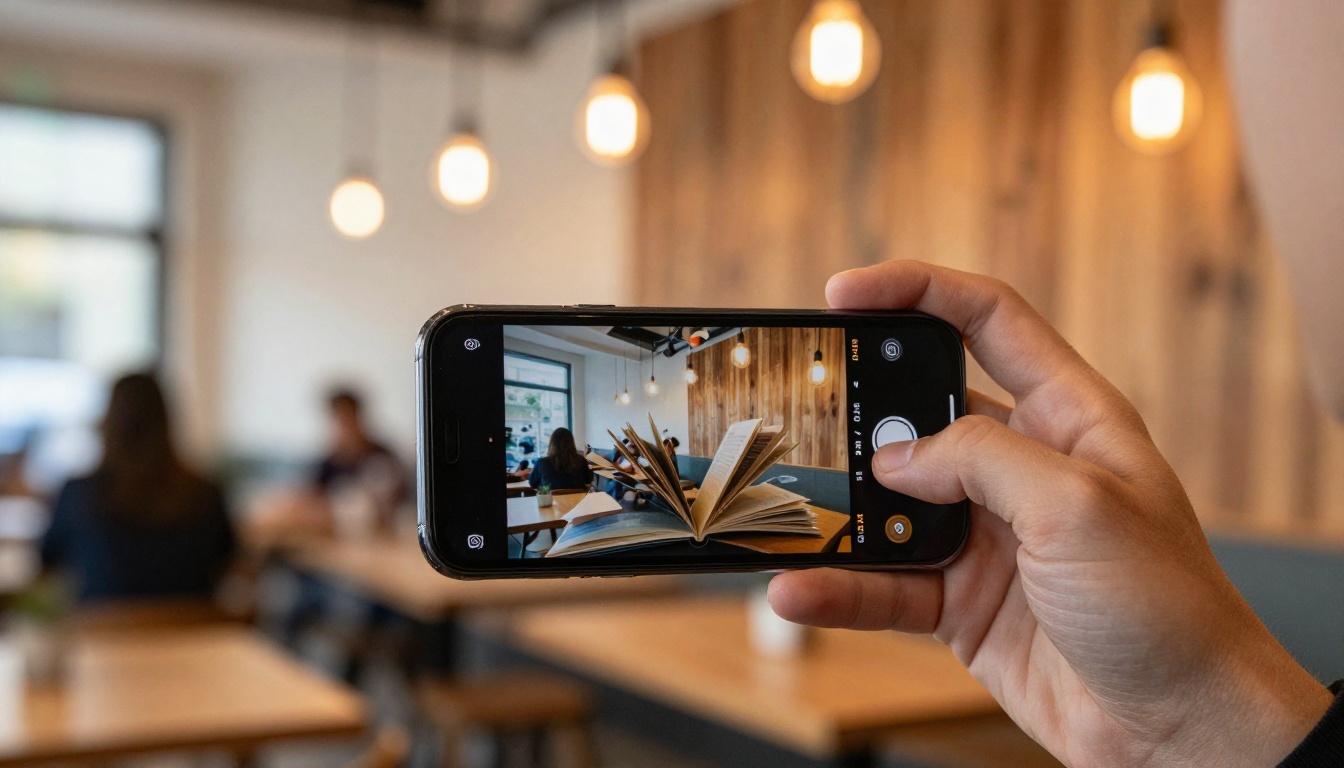 Smartphone displaying digital flipbook in cafe setting