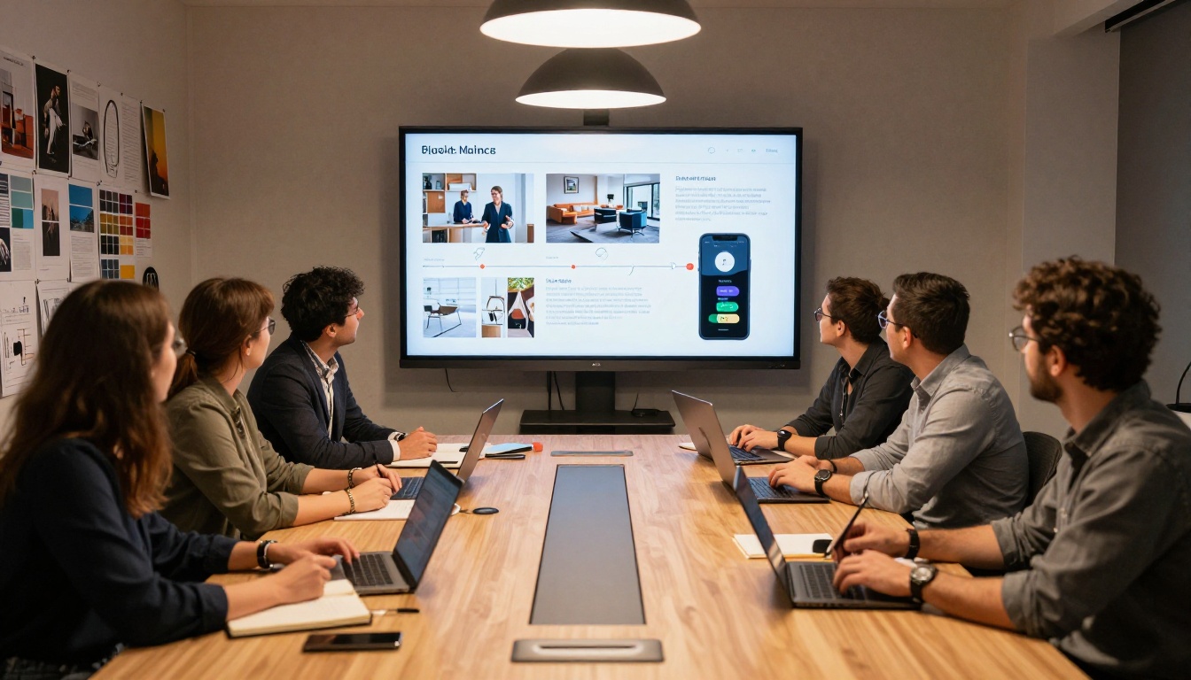 Creative team reviewing launch materials in conference room