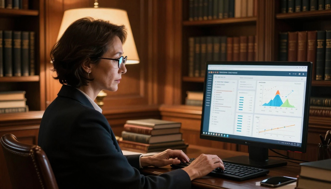 Woman reviewing flipbook analytics dashboard on laptop