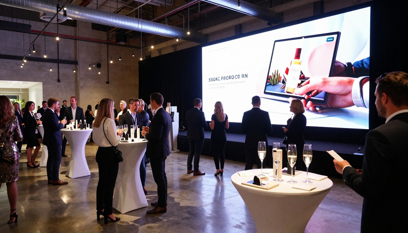 Product launch event with LED display showing digital flipbook