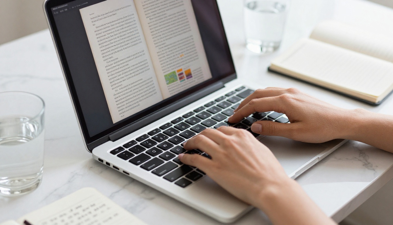 Person typing French content on laptop in a bright home office