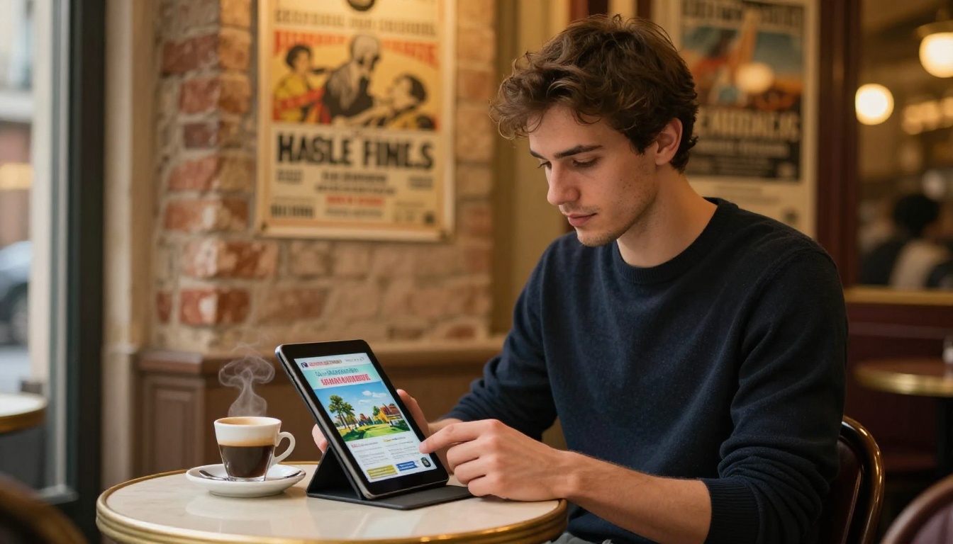 Young man reading a French flipbook on a tablet in a Parisian café Young man reading a French flipbook on a tablet in a Parisian café