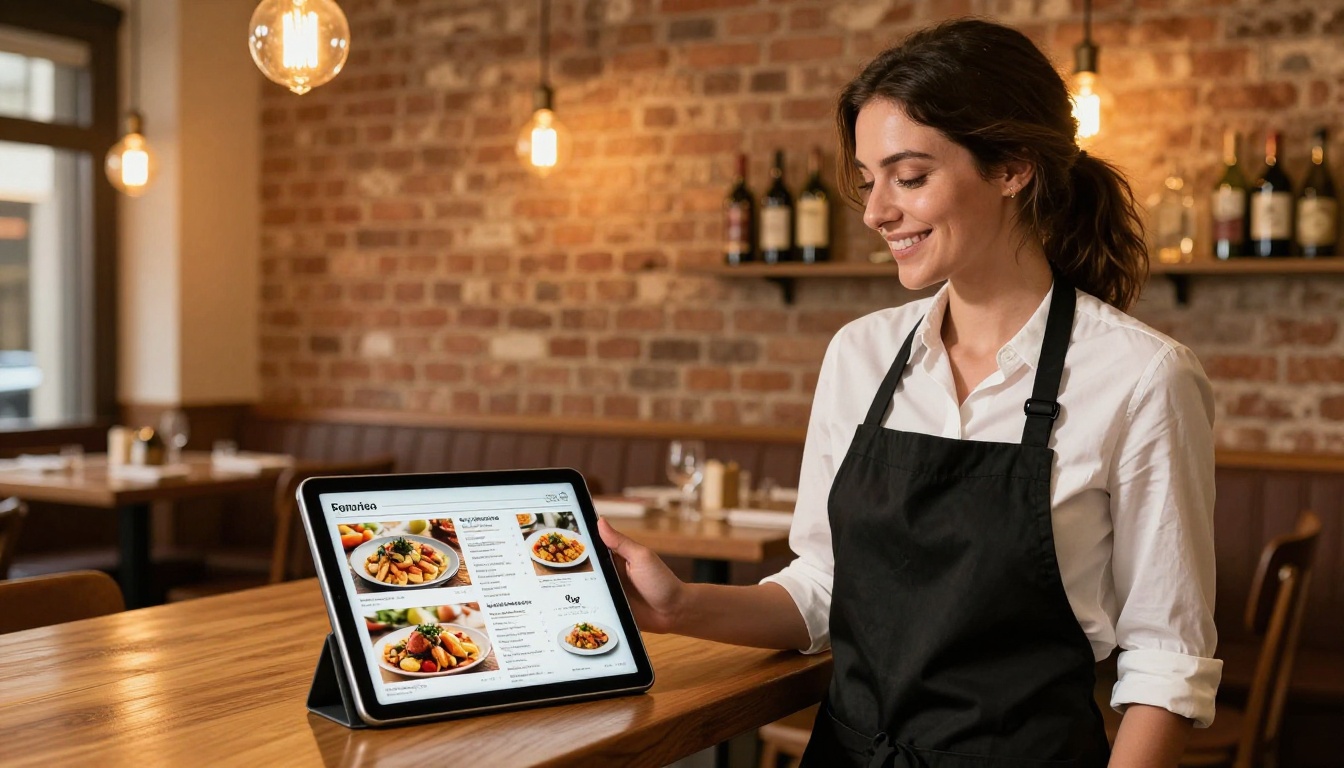 Restaurant manager showing a Spanish digital menu flipbook to a guest