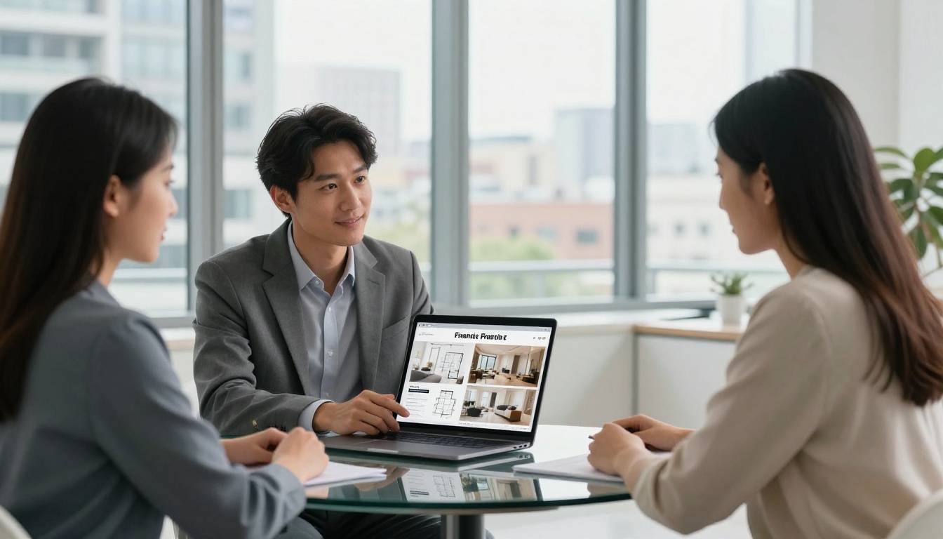 Real estate agents sharing French property flipbook with clients in modern office Real estate agents sharing French property flipbook with clients in modern office
