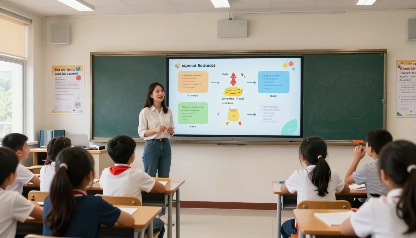 Teacher using a Spanish language flipbook on a classroom smartboard Teacher using a Spanish language flipbook on a classroom smartboard