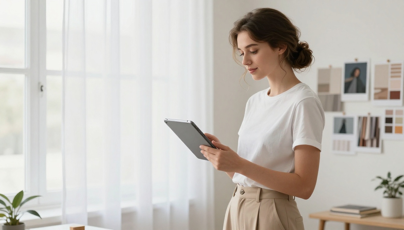 Young woman reviewing a French fashion lookbook flipbook in a minimalist studio Young woman reviewing a French fashion lookbook flipbook in a minimalist studio
