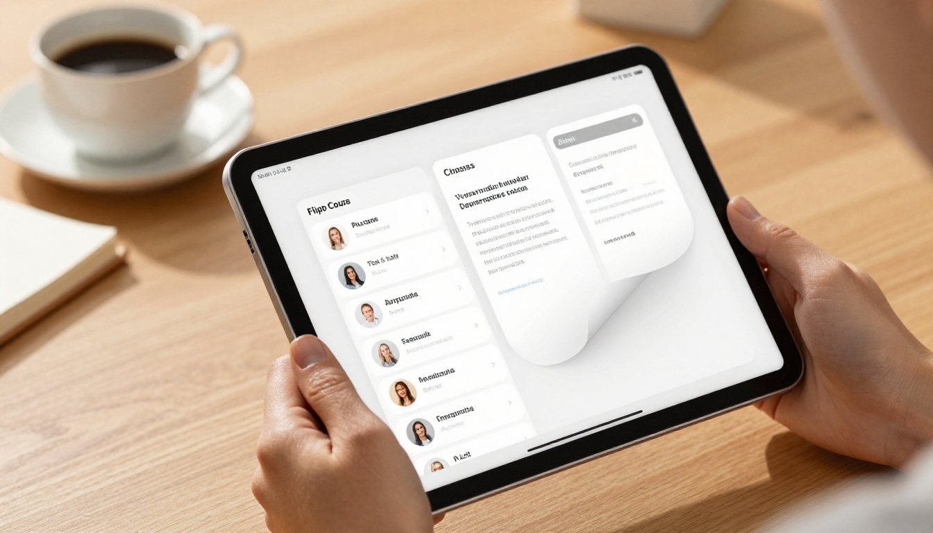 Hands holding a tablet displaying a course flipbook with page-turn effect
