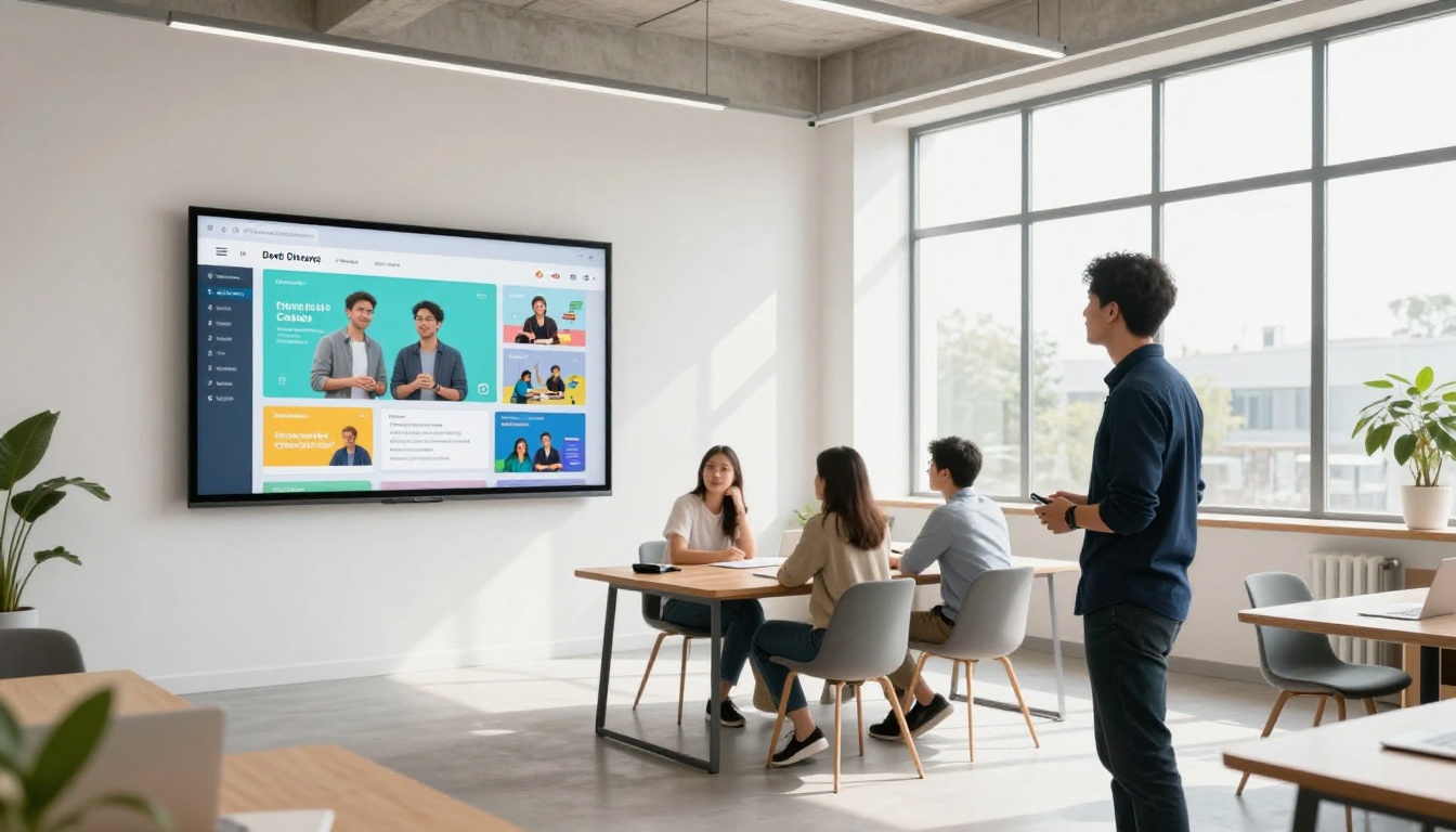 Educator presenting a flipbook course preview on a large screen in a coworking space