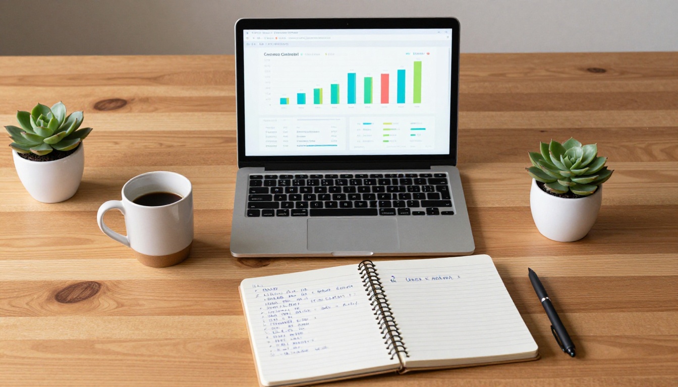 Aerial top-down view of a desk with laptop showing course analytics, notebook, and coffee