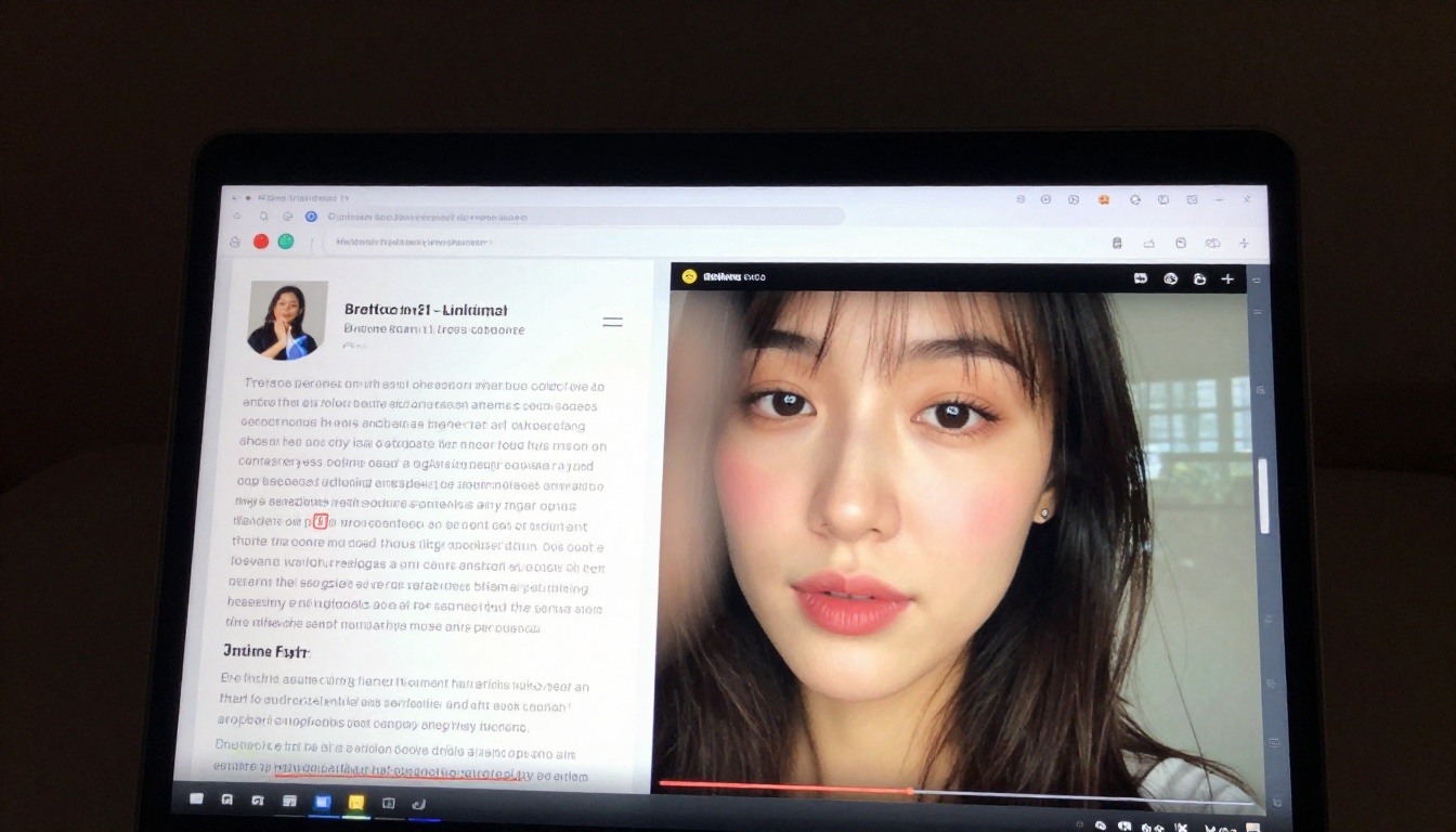 Laptop screen glowing showing a course flipbook with embedded video player