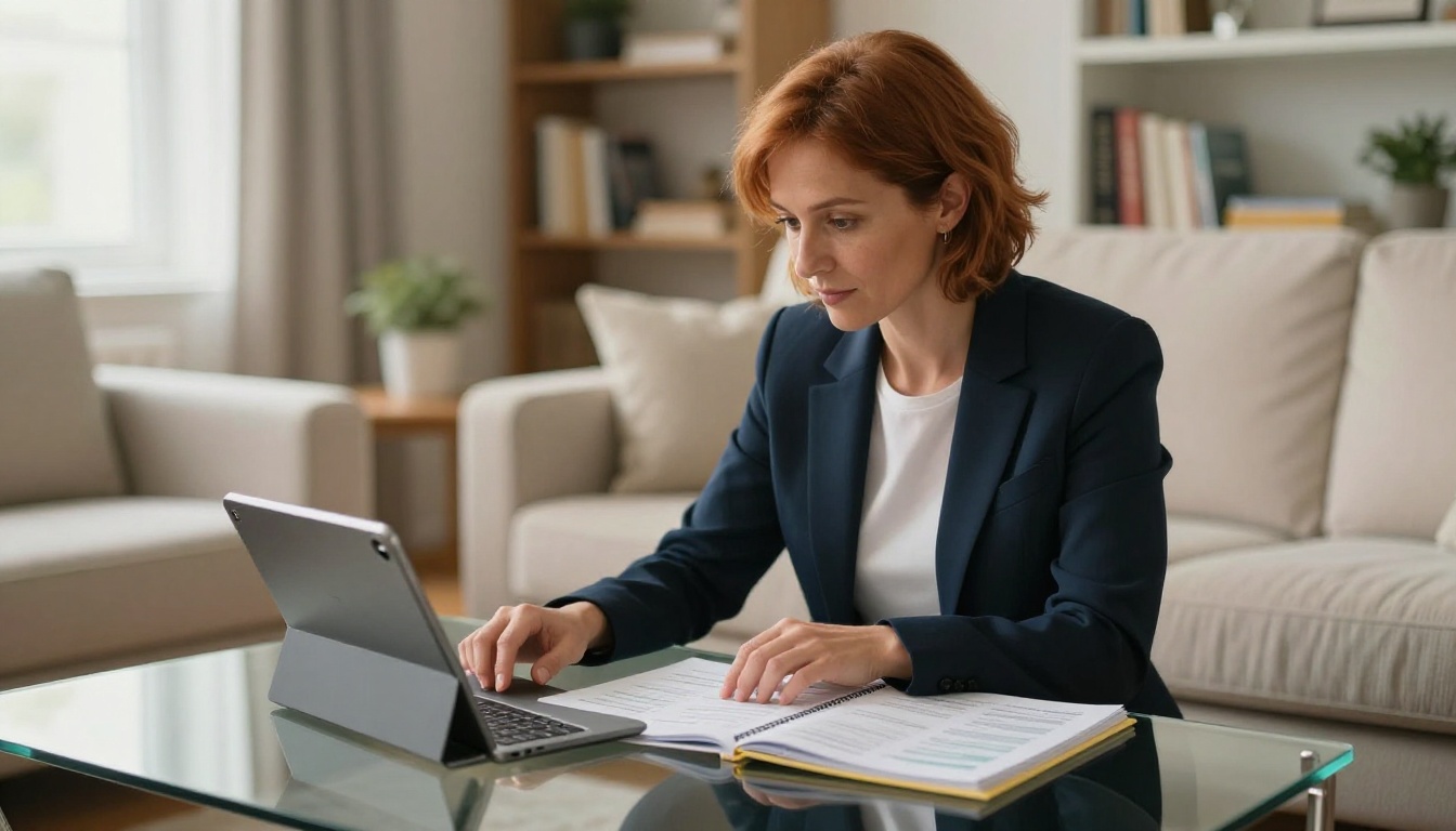 Professional woman comparing printed course materials with a flipbook on an iPad