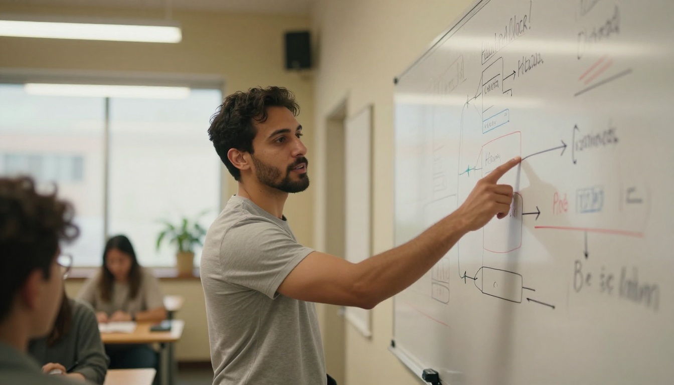 Male instructor pointing at a whiteboard with course structure diagrams in a bright classroom Male instructor pointing at a whiteboard with course structure diagrams in a bright classroom