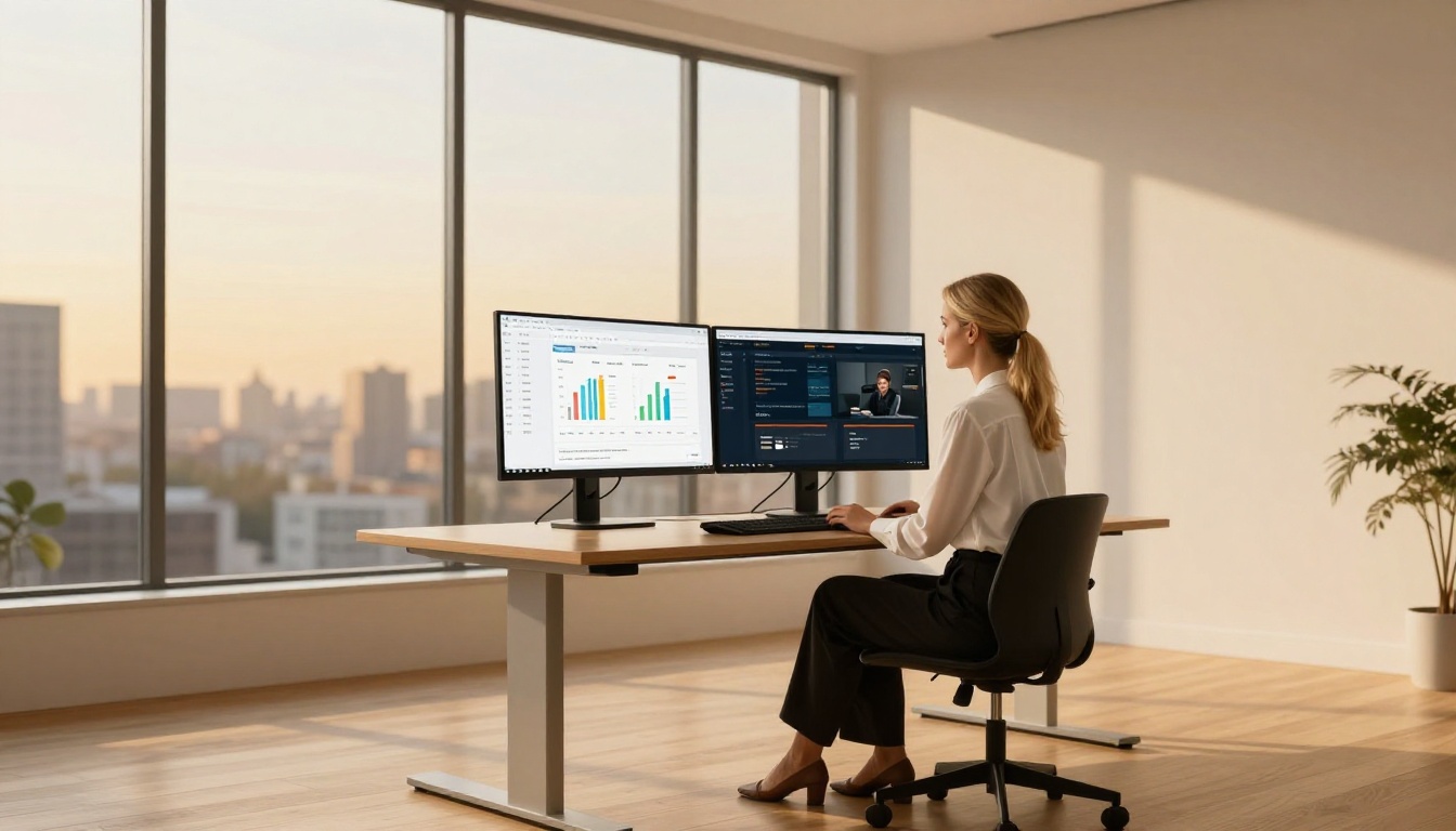 Female entrepreneur at a standing desk with dual monitors showing course statistics and a flipbook Female entrepreneur at a standing desk with dual monitors showing course statistics and a flipbook