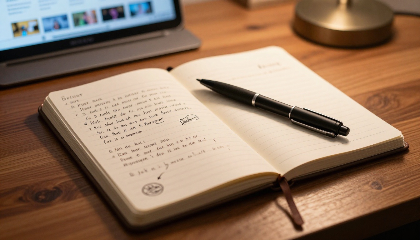 Open notebook with handwritten course outline notes beside a glowing laptop showing a flipbook interface Open notebook with handwritten course outline notes beside a glowing laptop showing a flipbook interface