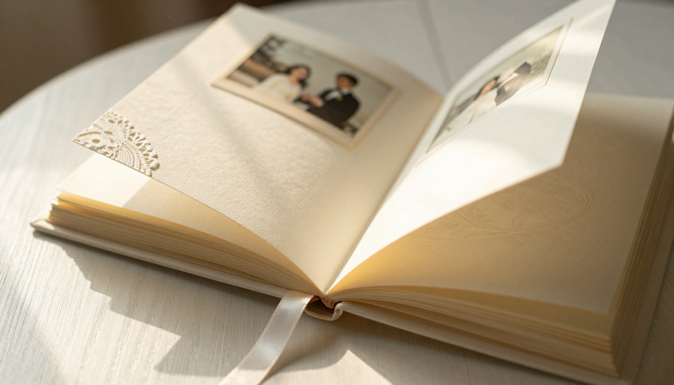 Wedding album pages being gently turned on a white wooden table with warm golden afternoon light