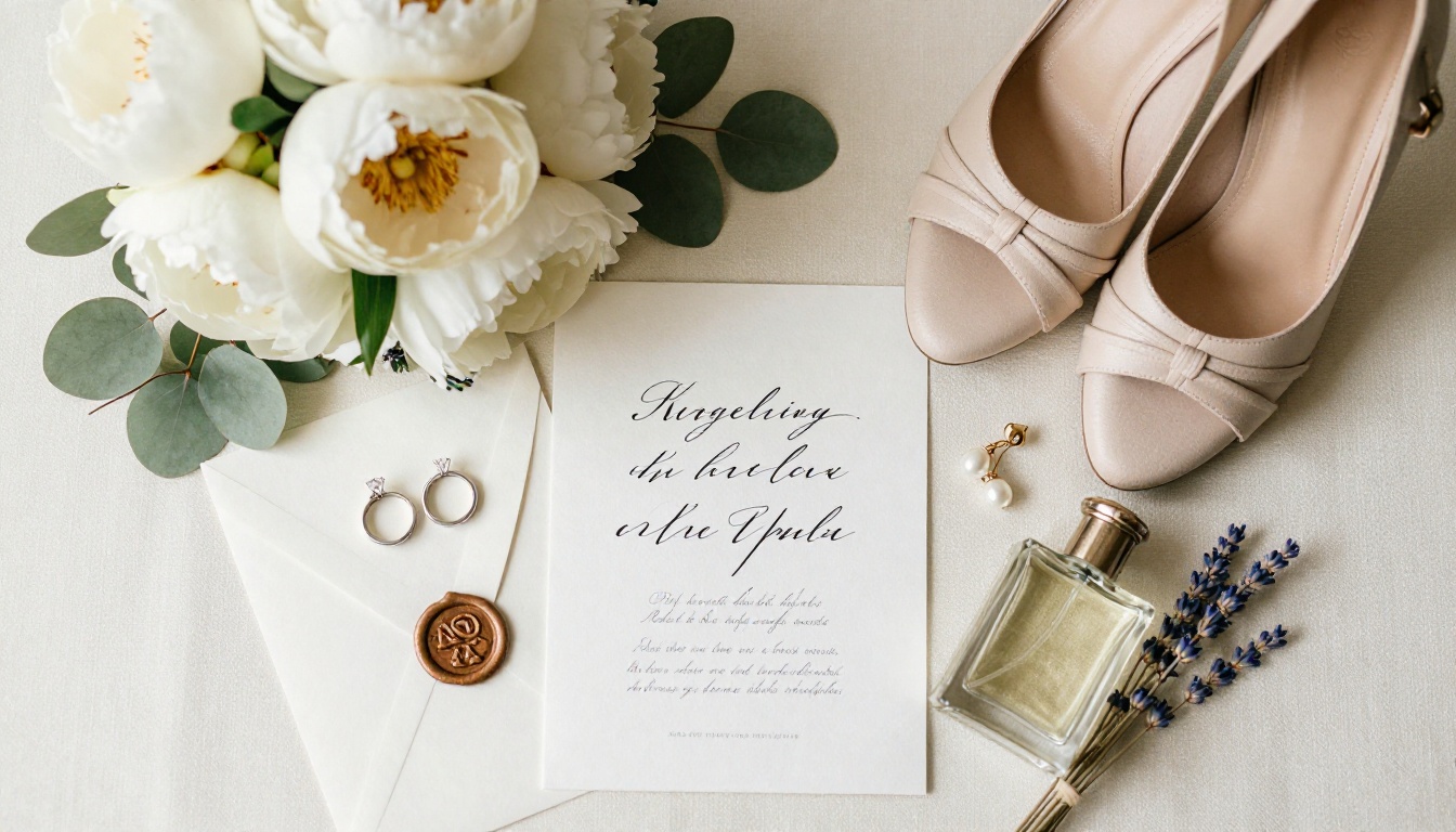 Aerial overhead flat-lay of wedding details: rings, flowers, invitation cards, shoes arranged on ivory silk fabric
