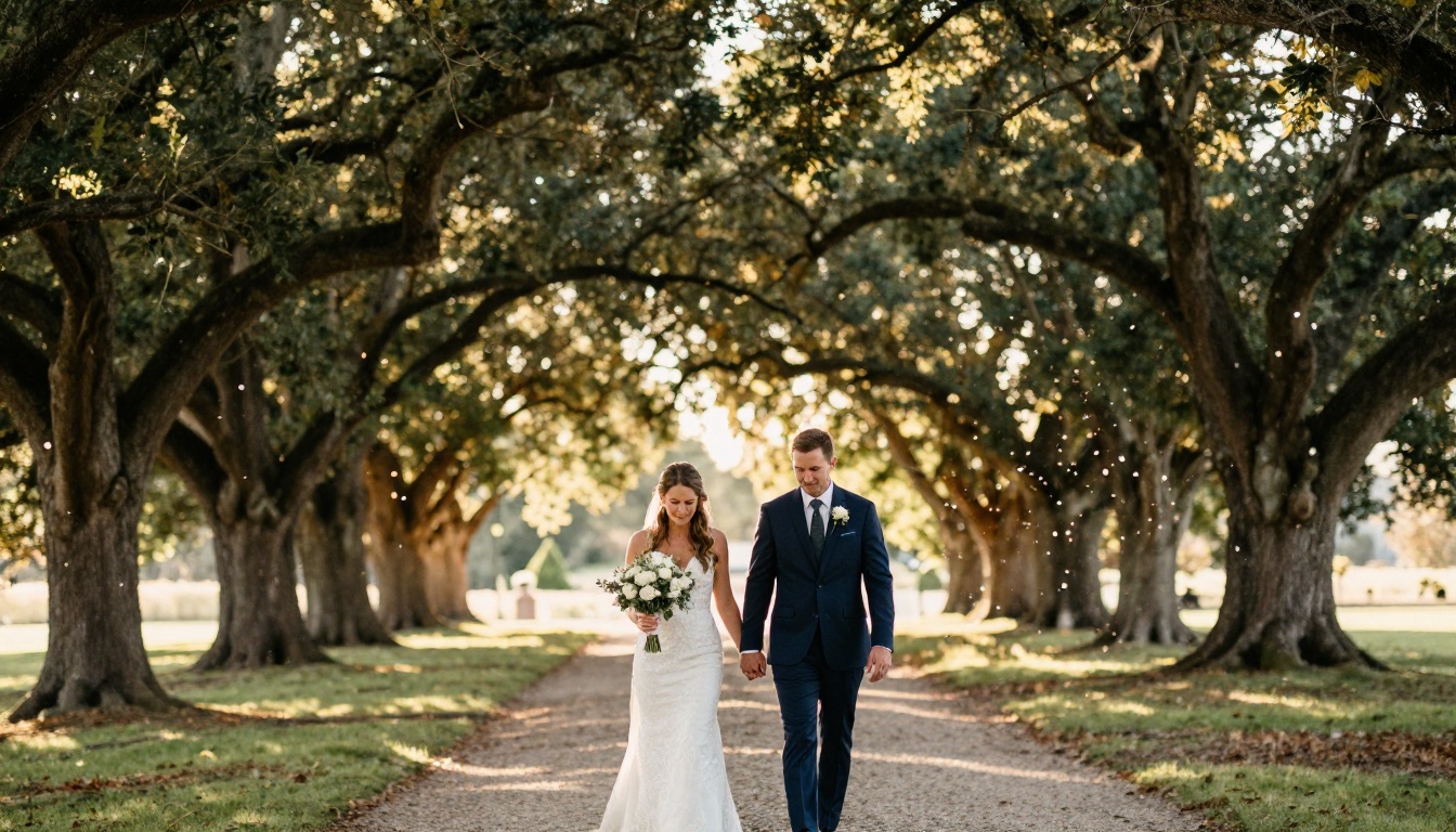 Bride and groom walking hand in hand down a sun-dappled tree-lined path with colorful confetti falling around them