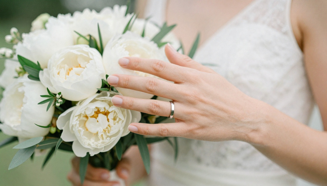 Close-up of bride and groom intertwined hands showing wedding rings against a lush white peony bouquet