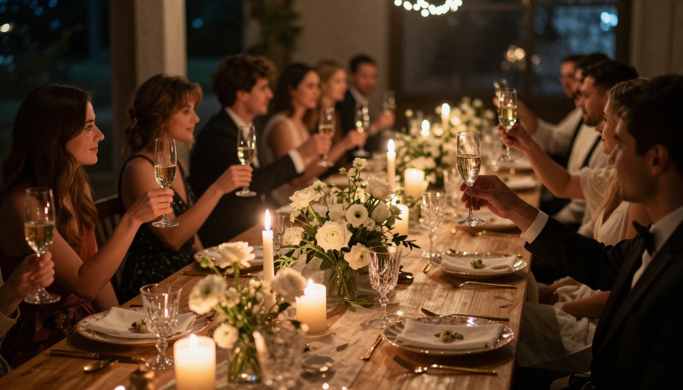 Elegant wedding reception banquet with guests raising champagne flutes, long farm table with pillar candles and lush flowers Elegant wedding reception banquet with guests raising champagne flutes, long farm table with pillar candles and lush flowers