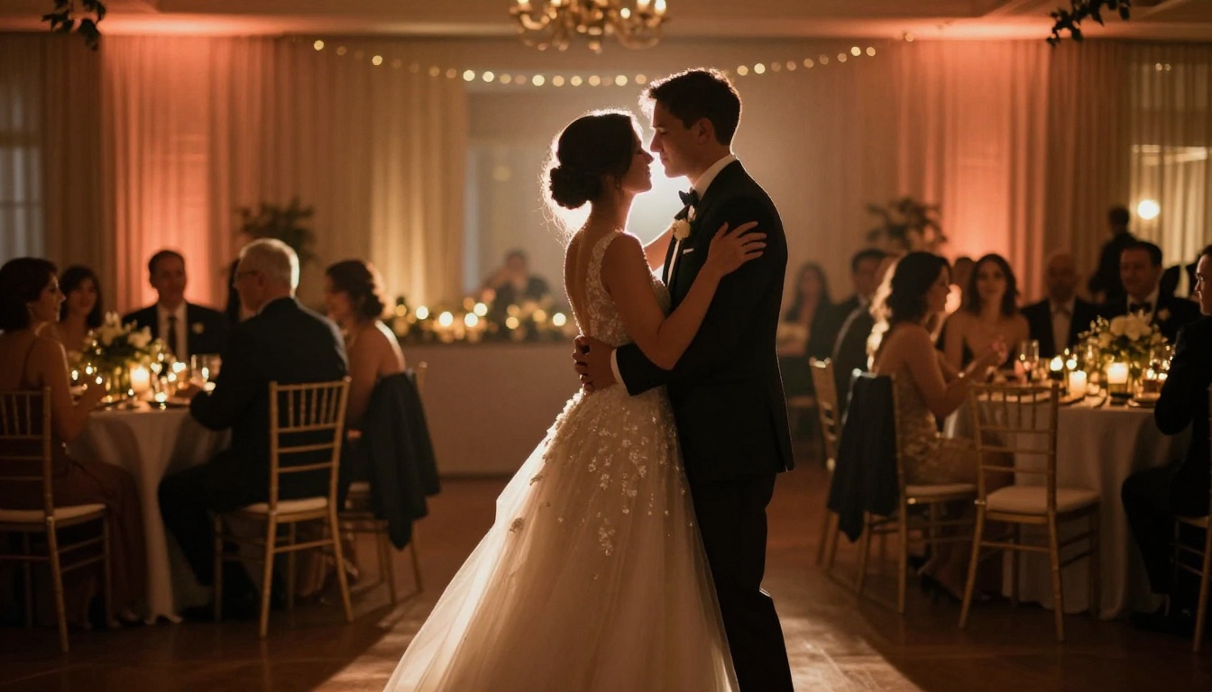Wedding first dance captured from behind the couple, silhouetted against warm amber and rose reception lighting Wedding first dance captured from behind the couple, silhouetted against warm amber and rose reception lighting